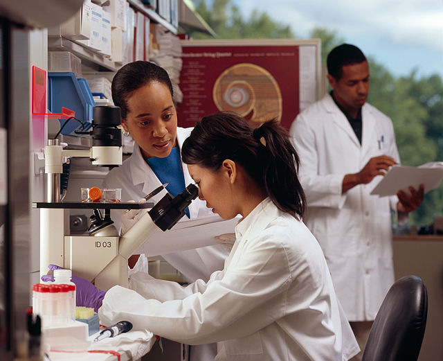 An African American female researcher looks on as an Asian female researcher peers into a microscope. An African American male studies paperwork in the background.