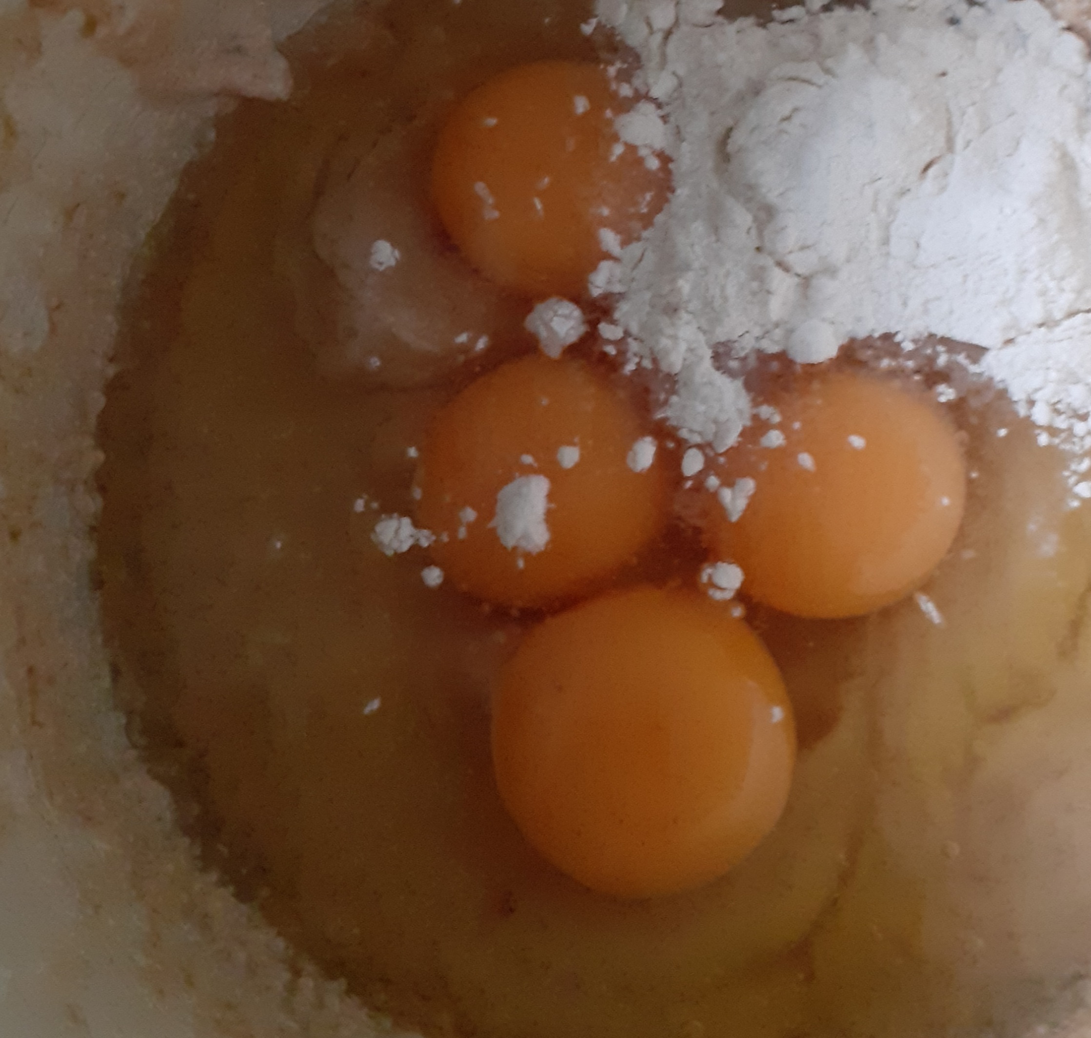 Cake mixture, eggs and a small amount of flour